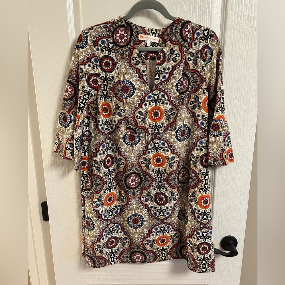 Jude Connally Cream Tunic Dress with Orange, Navy & Burgundy Medallion Print